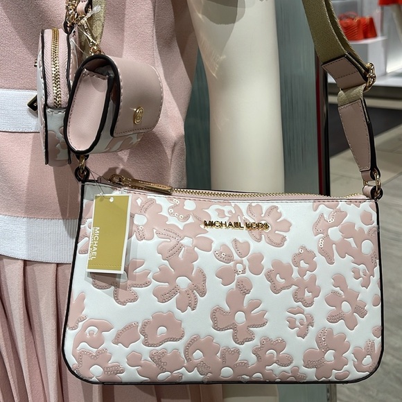 Michael Kors Jet Set Sm Sequined Floral Print Crossbody w Case for Apple AirPod - Picture 12 of 16